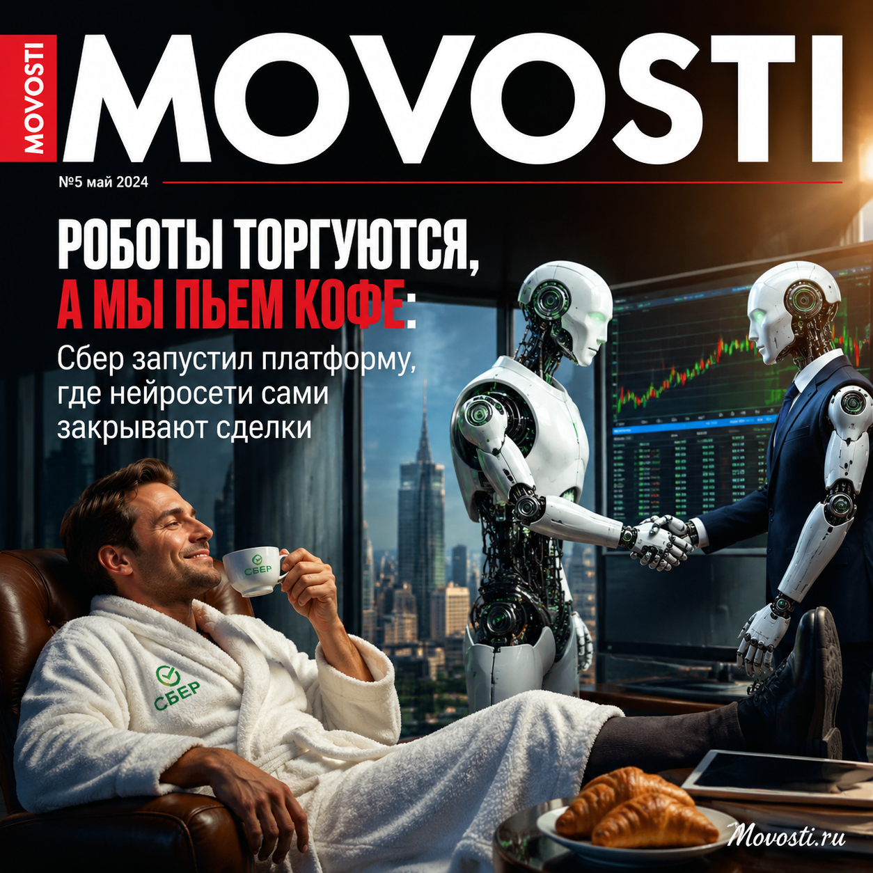 Иллюстрация роботов, торгующих на платформе Сбер, с чашками кофе на фоне