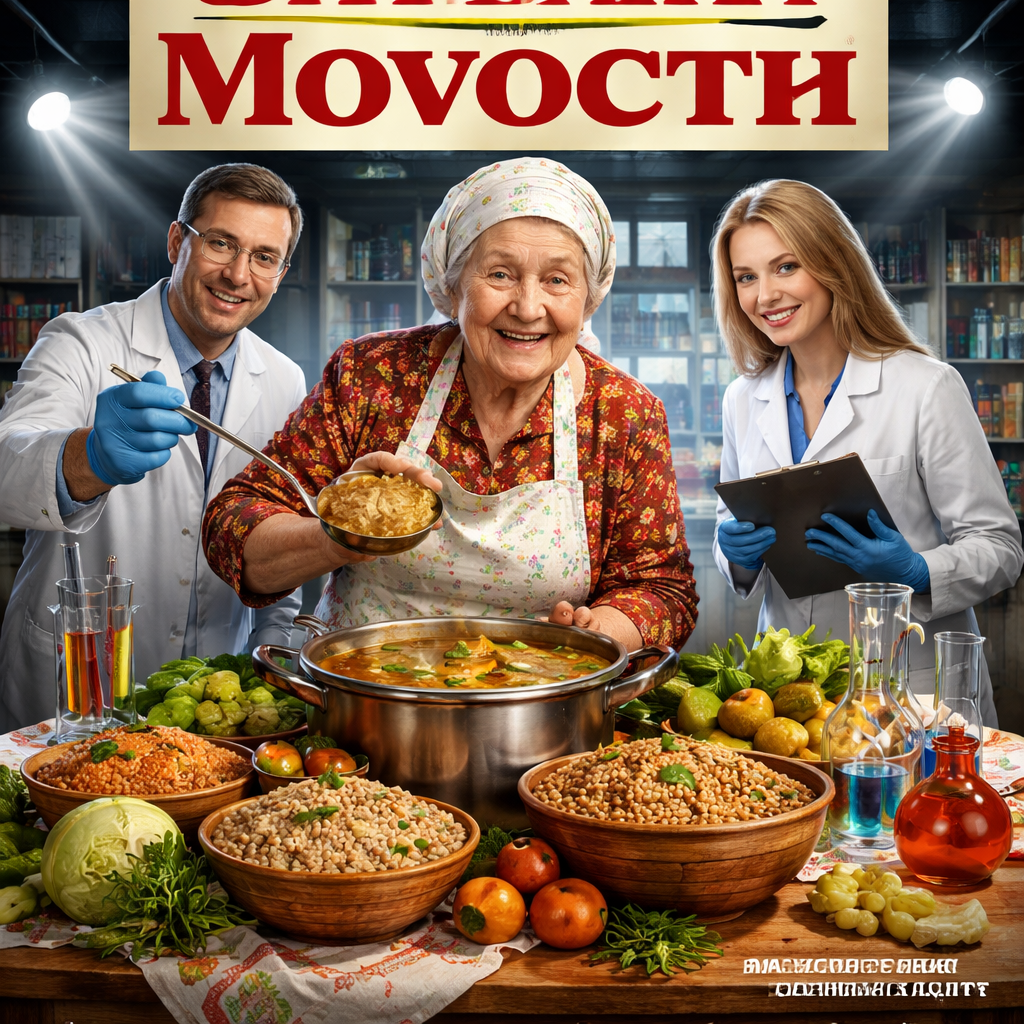 Традиционные русские щи и каша, изображенные на фоне научной книги.