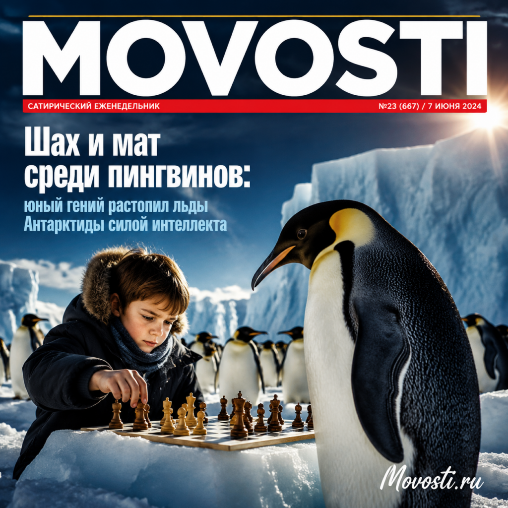 Юный гений играет в шахматы с пингвинами на фоне ледяных просторов Антарктиды