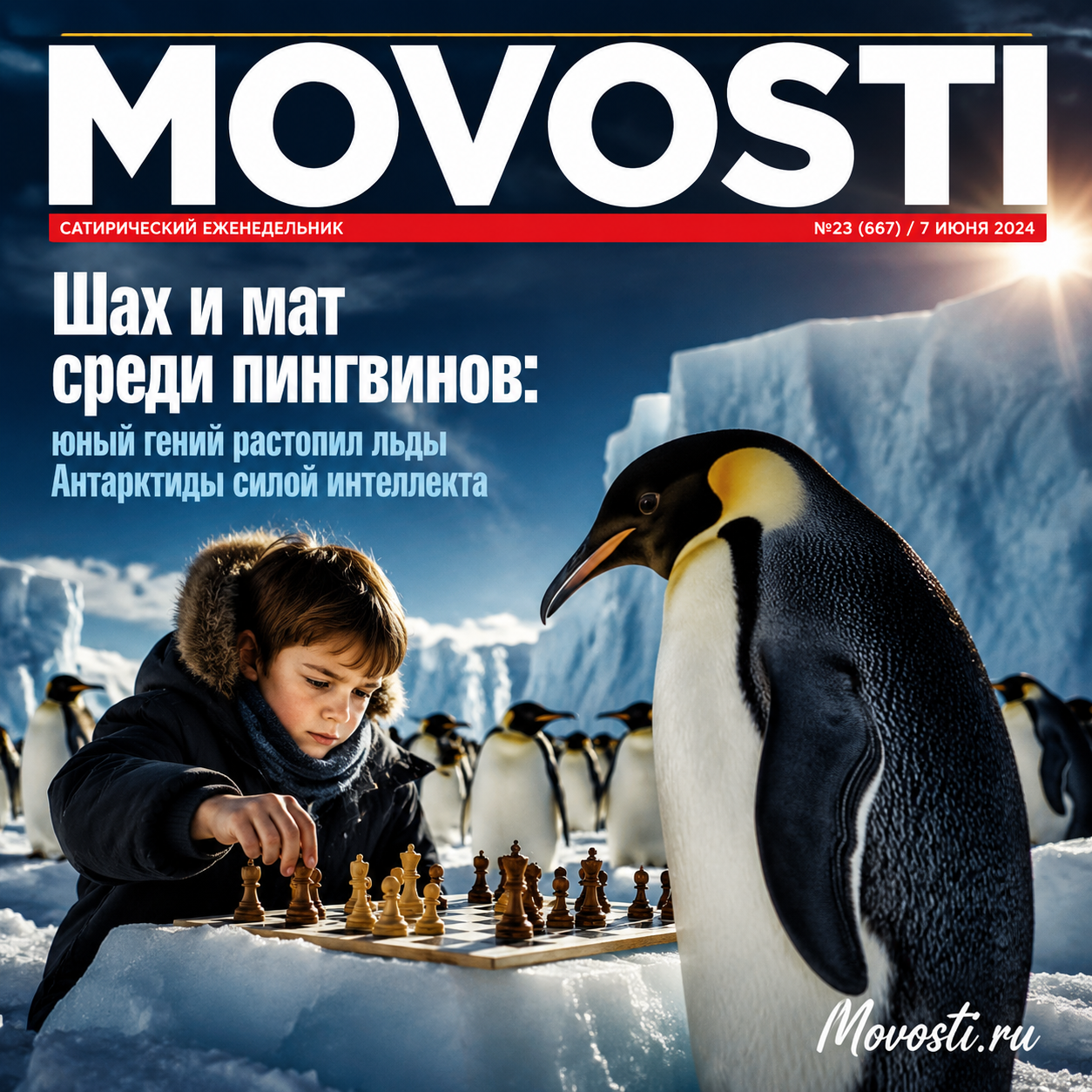 Юный гений играет в шахматы с пингвинами на фоне ледяных просторов Антарктиды