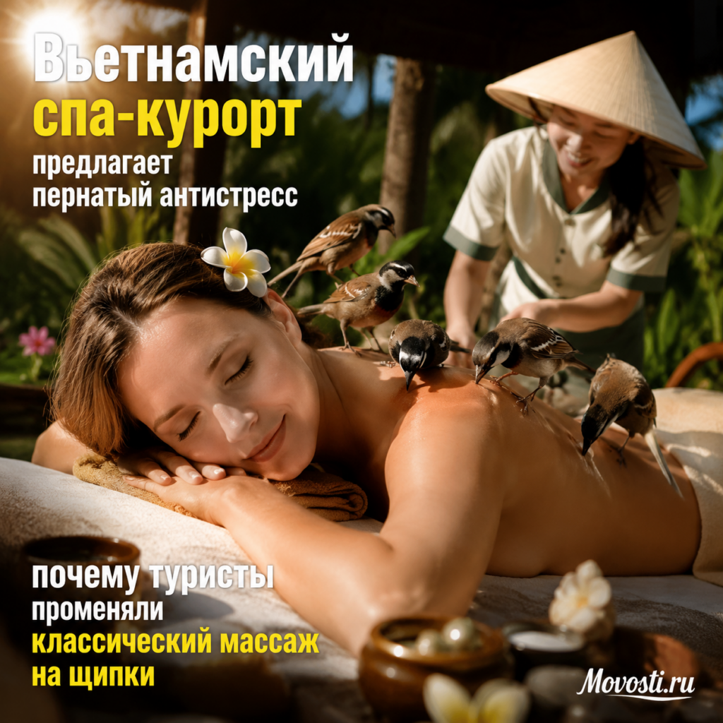 Птицы на вьетнамском спа-курорте, практикующие антистрессовые щипки