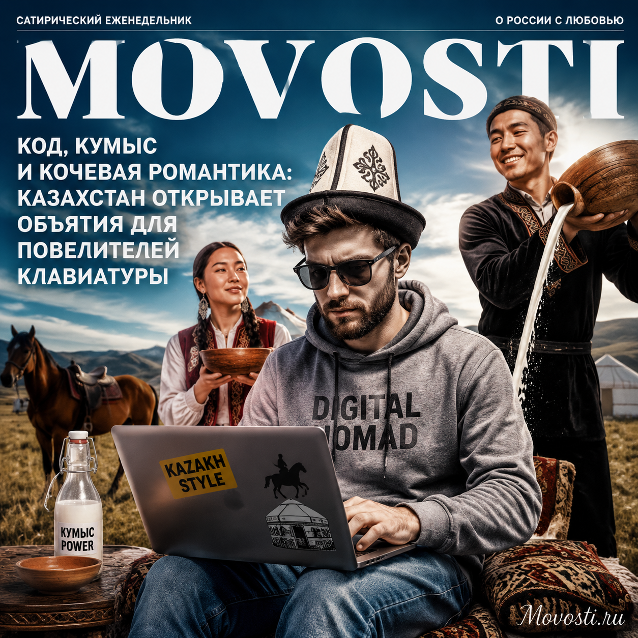 Изображение, иллюстрирующее сочетание технологий и традиционной культуры Казахстана