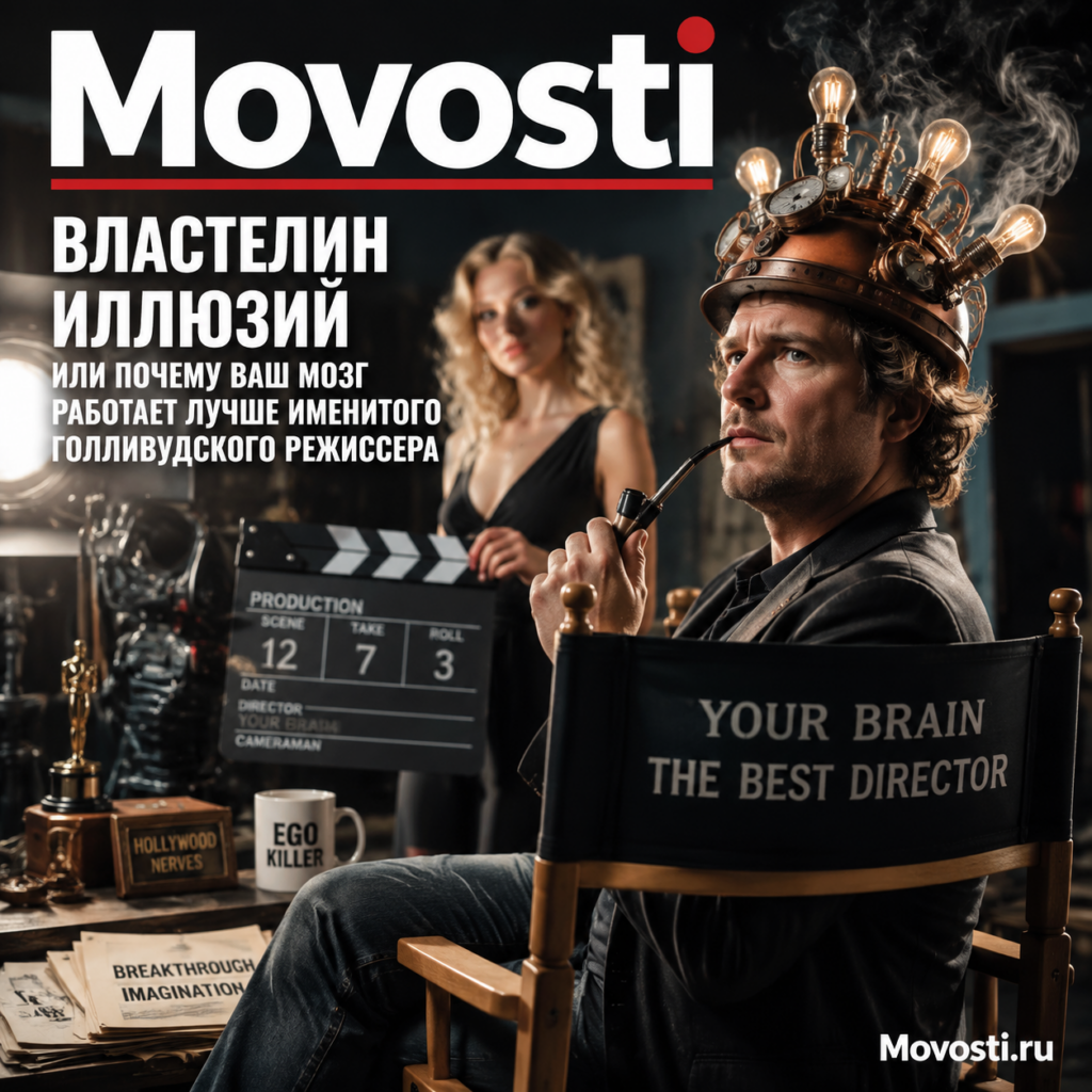 Иллюстрация, изображающая мозг с элементами киноиндустрии