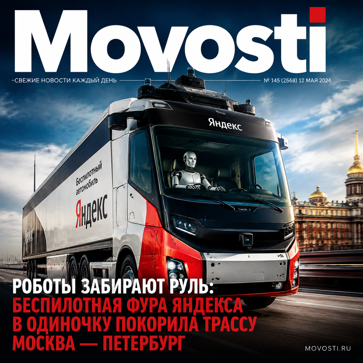 Роботизированная фура Яндекса, движущаяся по трассе между Москвой и Петербургом
