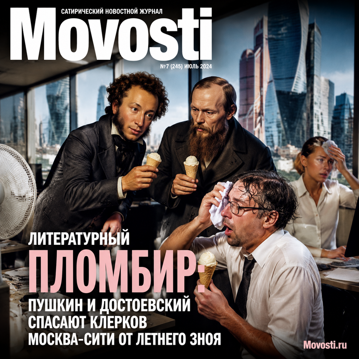 Изображение, на котором Пушкин и Достоевский помогают клеркам в жаркий летний день в Москва-Сити.