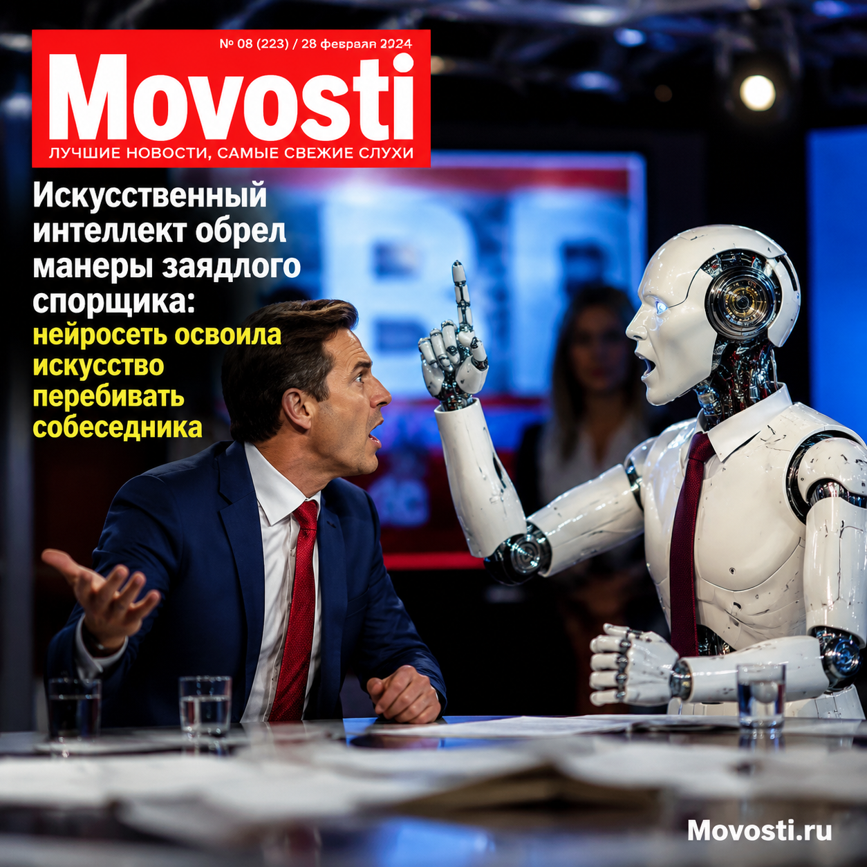 Нейросеть, изображенная в виде человека, который перебивает собеседника