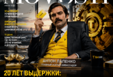 Антон Лапенко с усами на фоне логотипа Т-Банк, символизирующий 20-летие сотрудничества.
