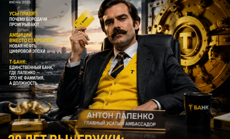 Антон Лапенко с усами на фоне логотипа Т-Банк, символизирующий 20-летие сотрудничества.