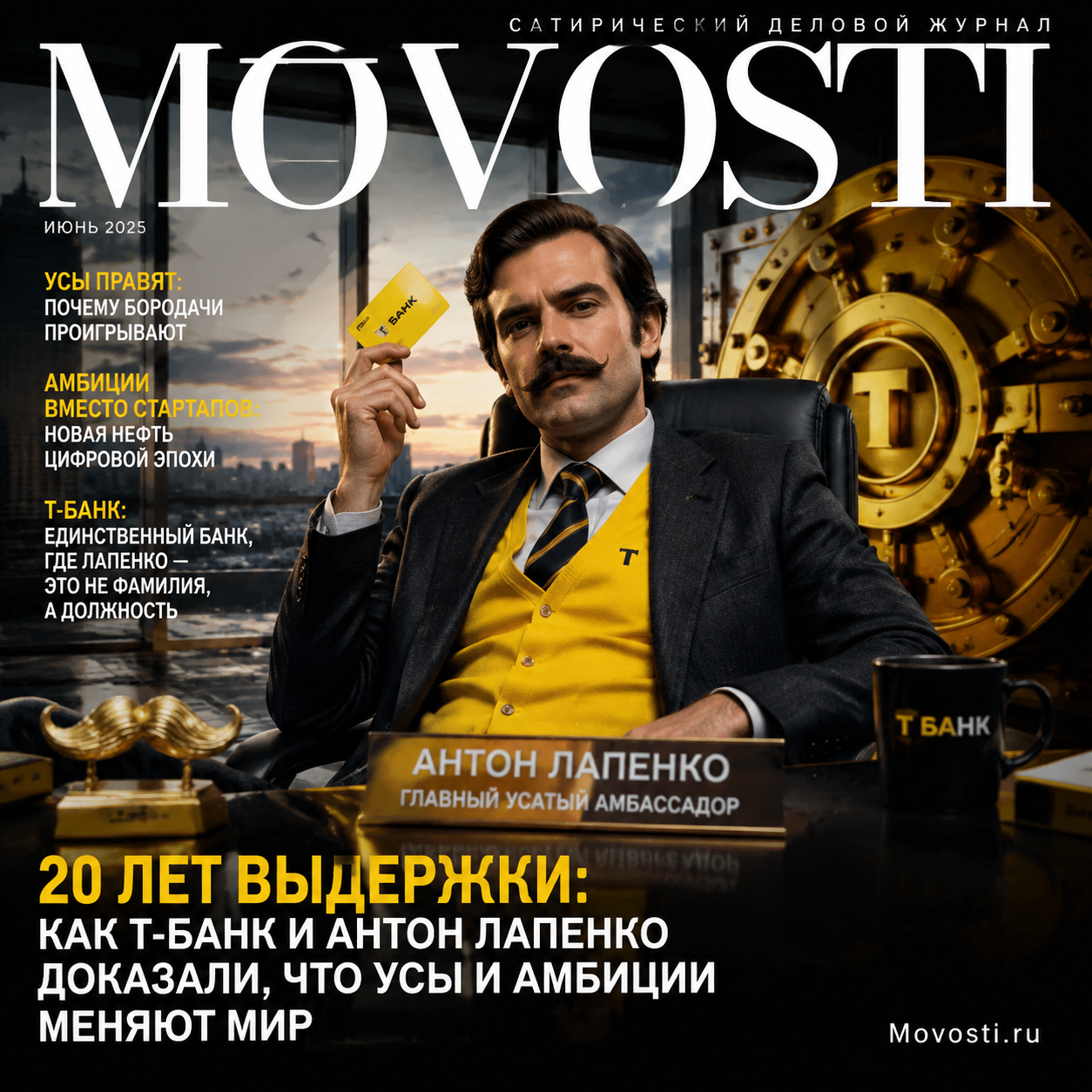 Антон Лапенко с усами на фоне логотипа Т-Банк, символизирующий 20-летие сотрудничества.