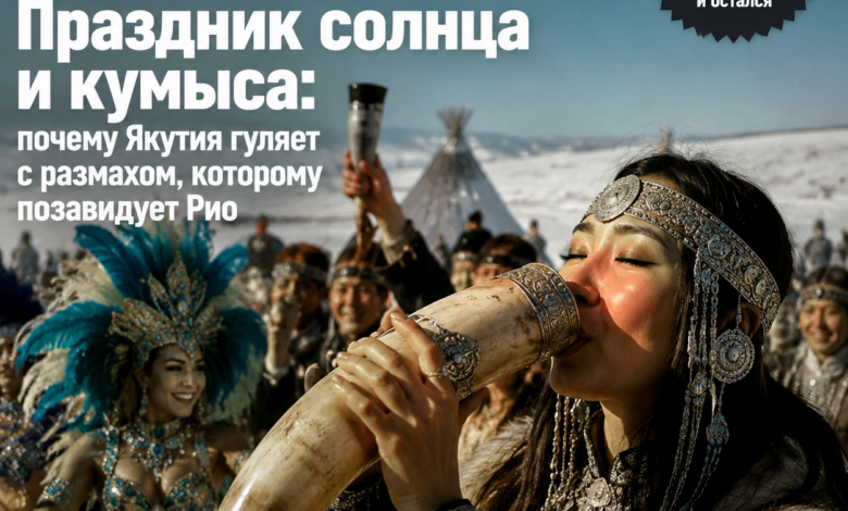 Сцена празднования Праздника солнца и кумыса в Якутии с традиционными танцами и угощениями.