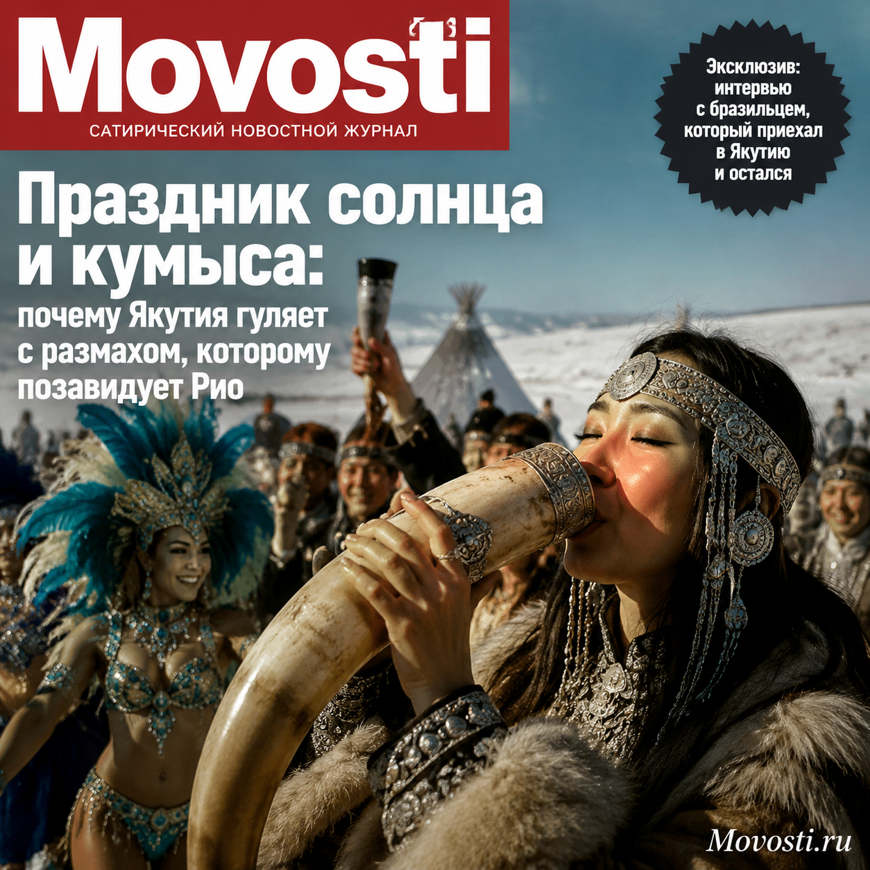 Сцена празднования Праздника солнца и кумыса в Якутии с традиционными танцами и угощениями.