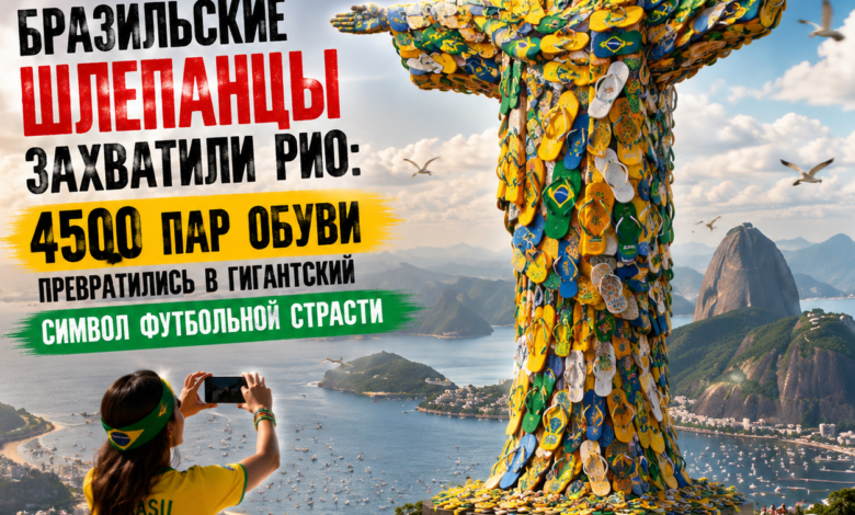 Гигантский символ футбольной страсти из 4500 пар шлепанцев в Рио-де-Жанейро