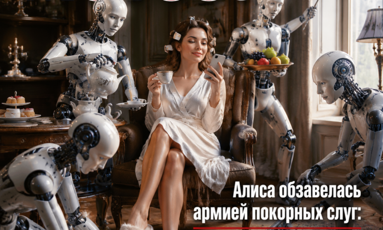 Изображение Алисы с армией искусственных интеллектов, помогающих ей в домашней рутине.