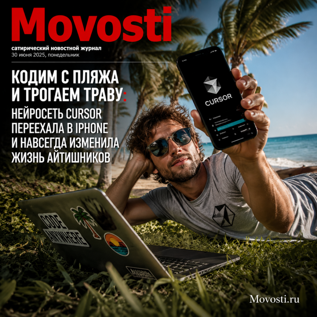 Изображение программиста, работающего на пляже с iPhone и травой рядом.