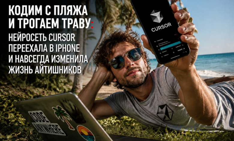 Изображение программиста, работающего на пляже с iPhone и травой рядом.