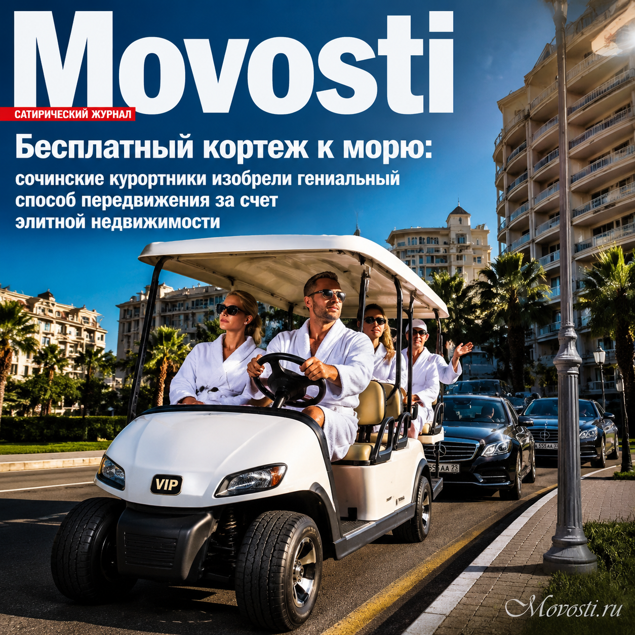 Кортеж автомобилей, предоставляющий бесплатный транспорт к морю для отдыхающих в Сочи
