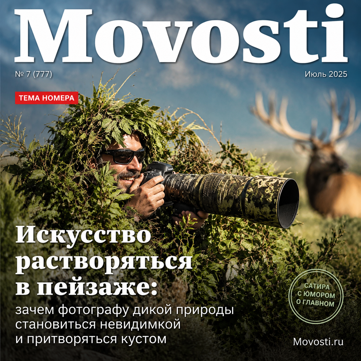 Фотограф дикой природы, замаскированный под куст, снимает животных в естественной среде обитания.