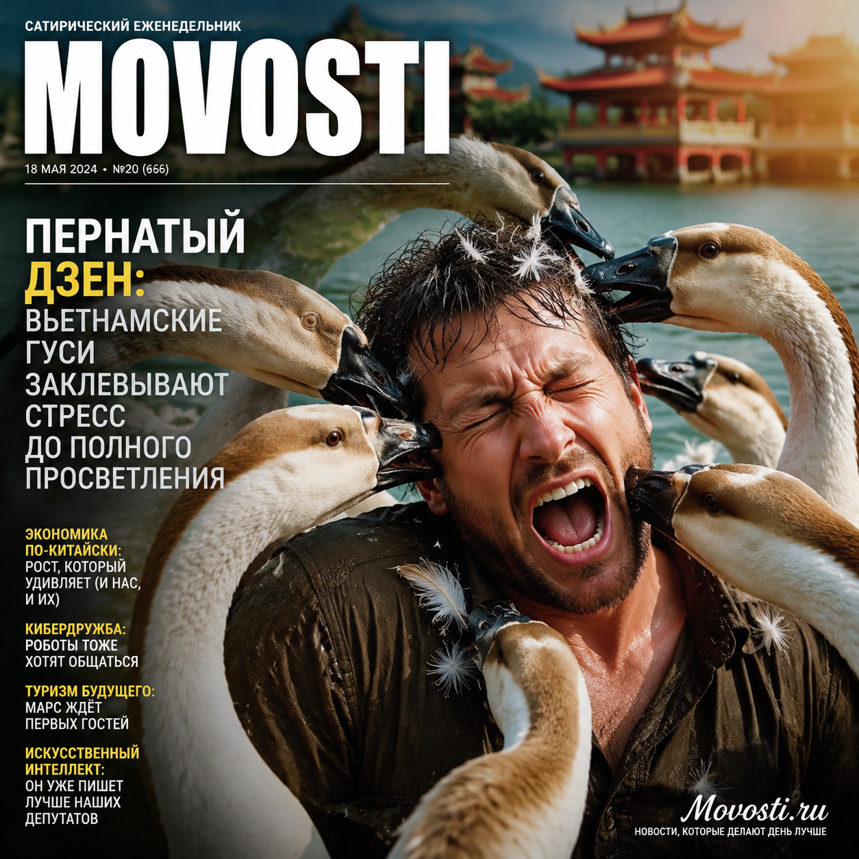 Вьетнамские гуси в момент медитации, заклевывающие стресс