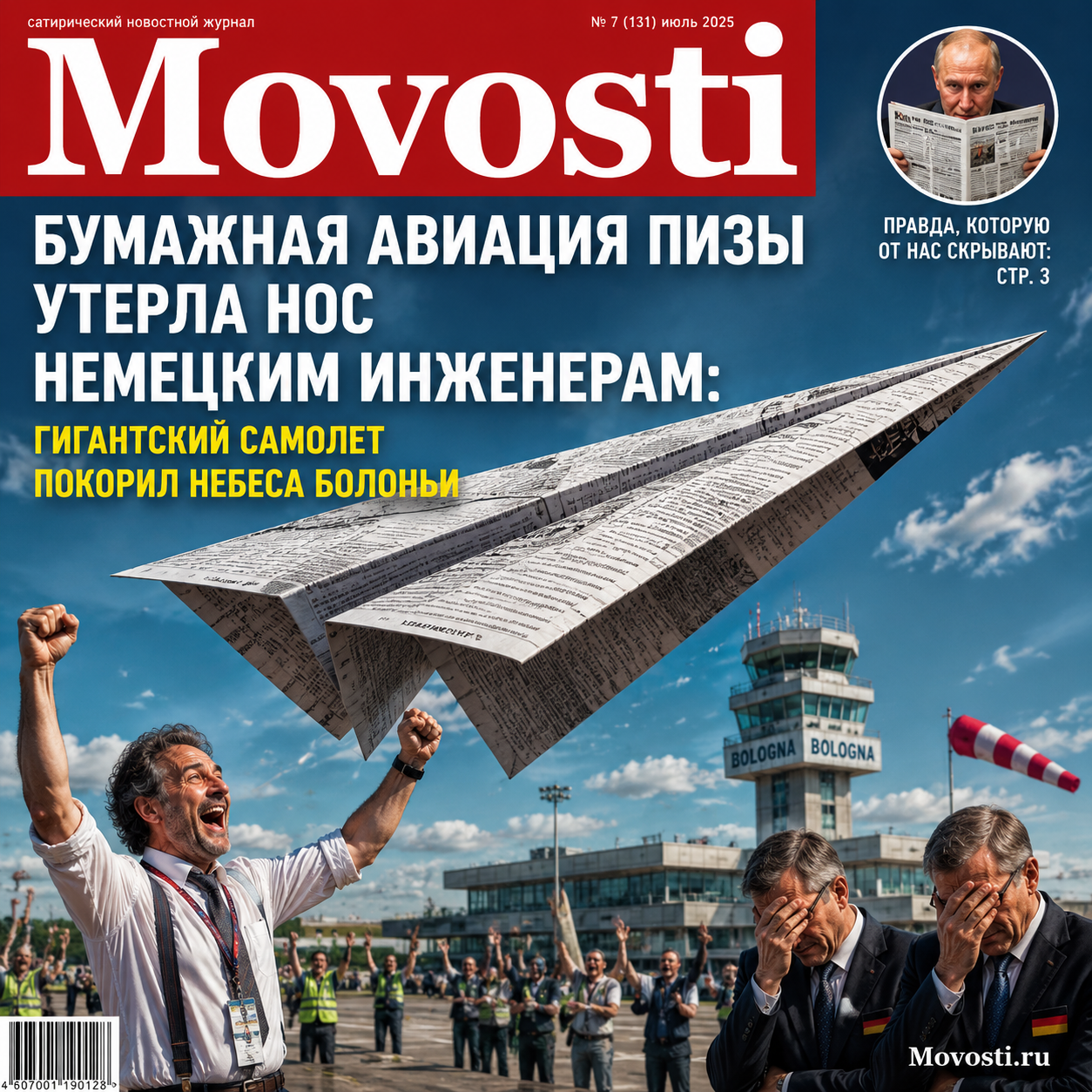 Гигантский самолет, созданный Бумажной авиацией Пизы, на фоне неба Болоньи