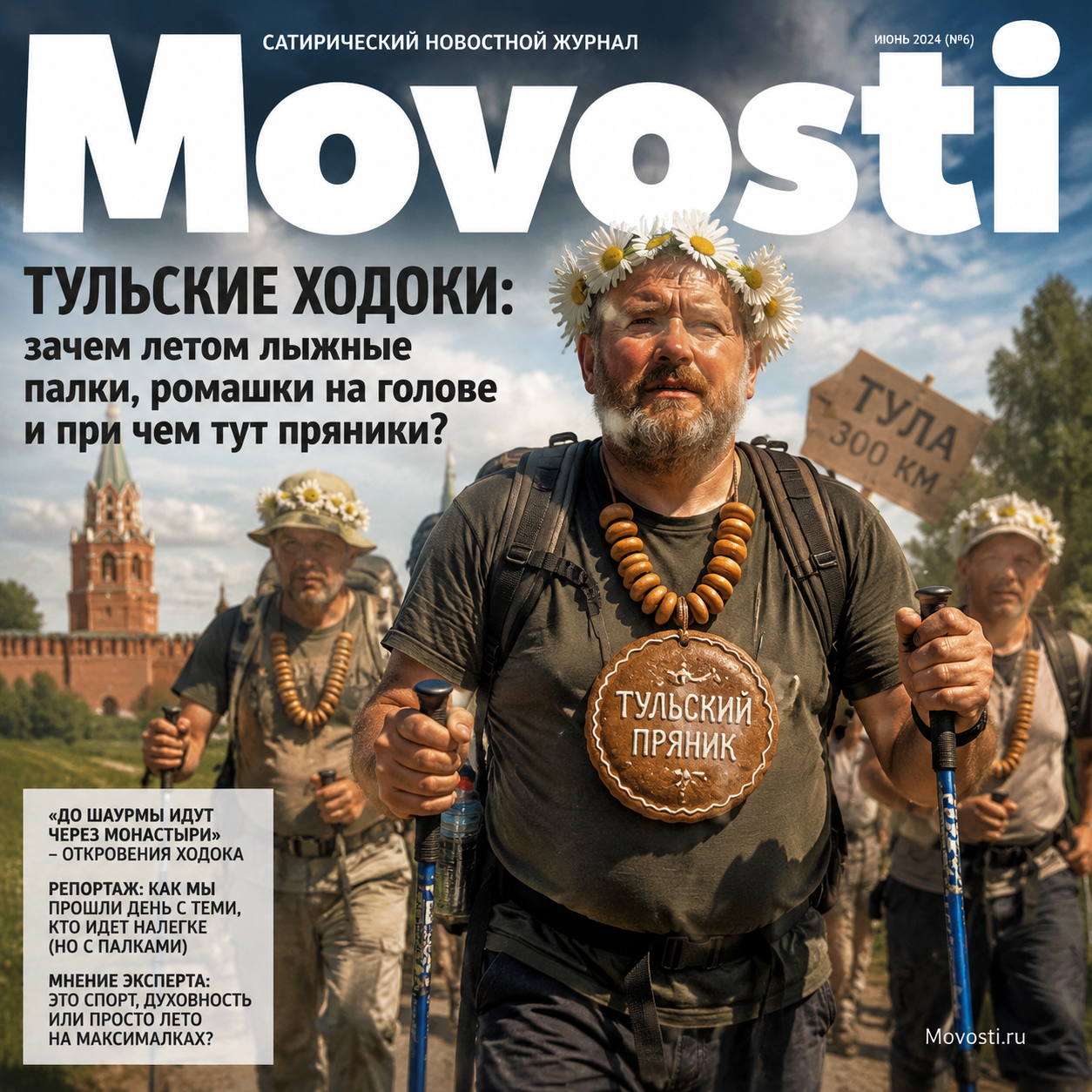 Группа тульских ходоков с лыжными палками и ромашками на головах, в окружении летнего пейзажа.