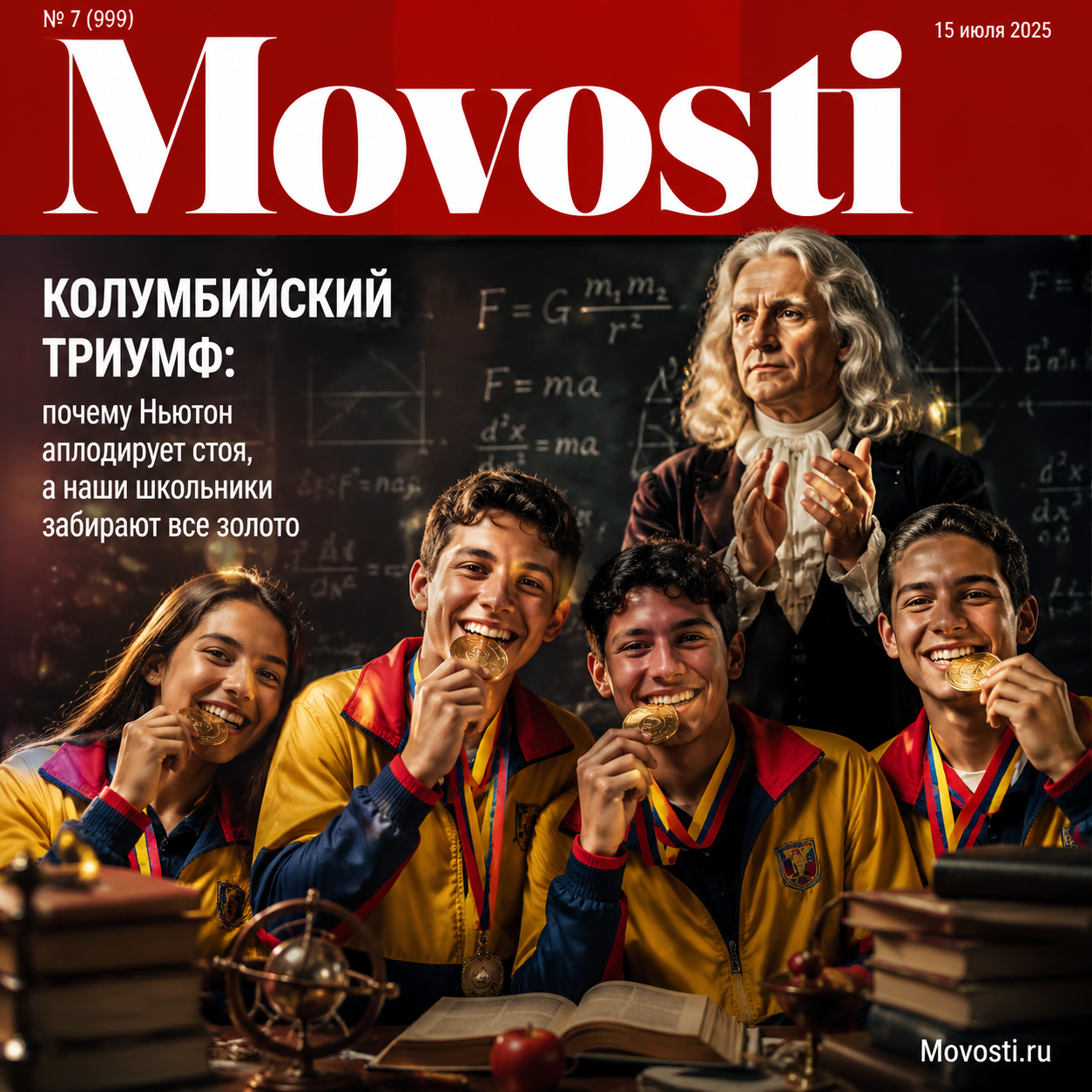 Изображение колумбийских школьников, получающих награды на олимпиаде, с Ньютоном в фоне, аплодирующим стоя.