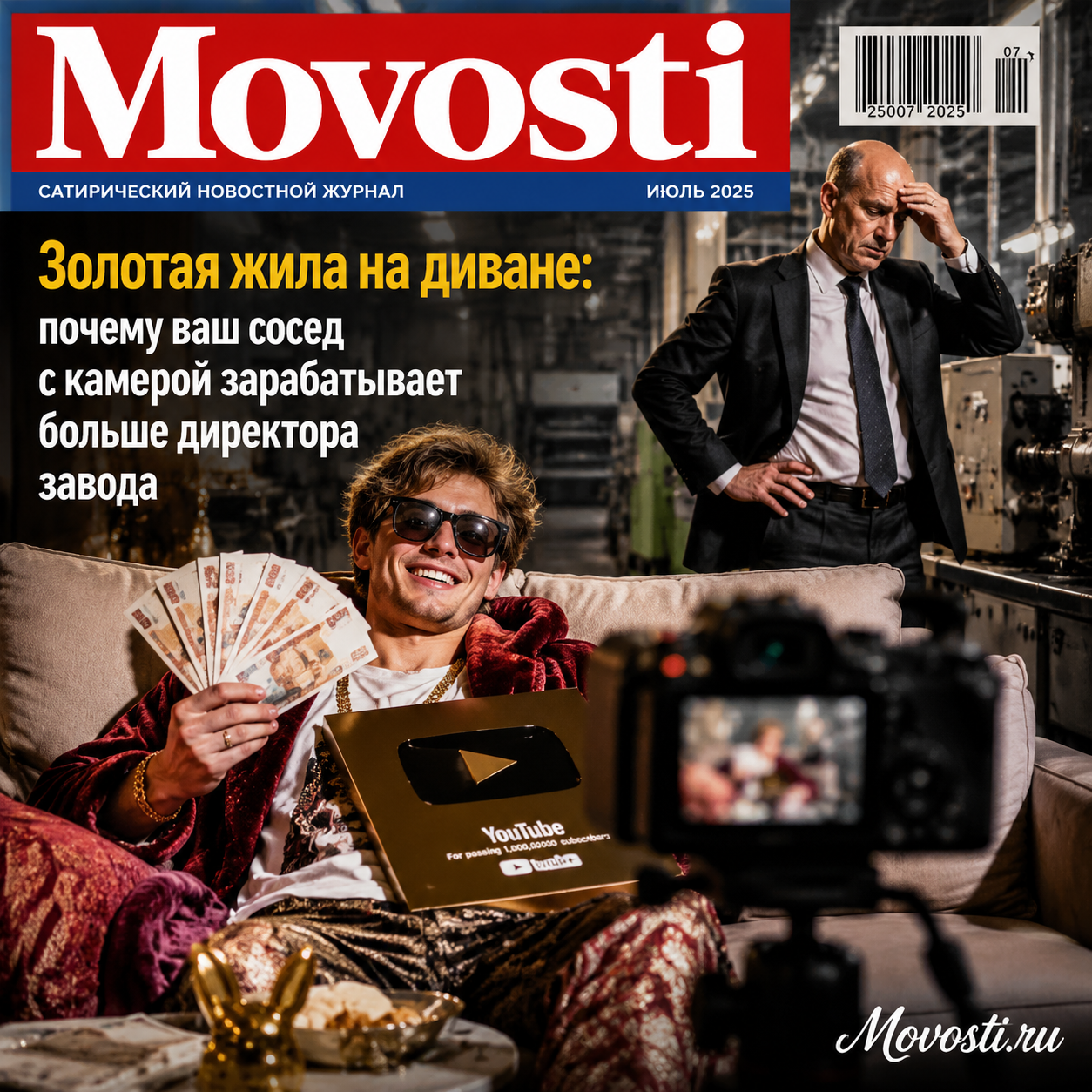 Человек на диване с камерой, символизирующий доход от контента