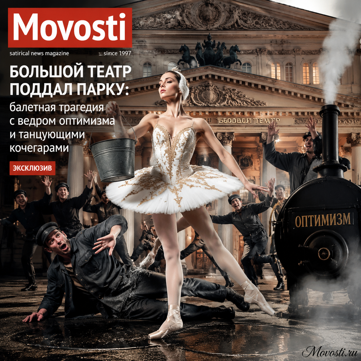 Изображение Большого театра с танцующими кочегарами на фоне парка
