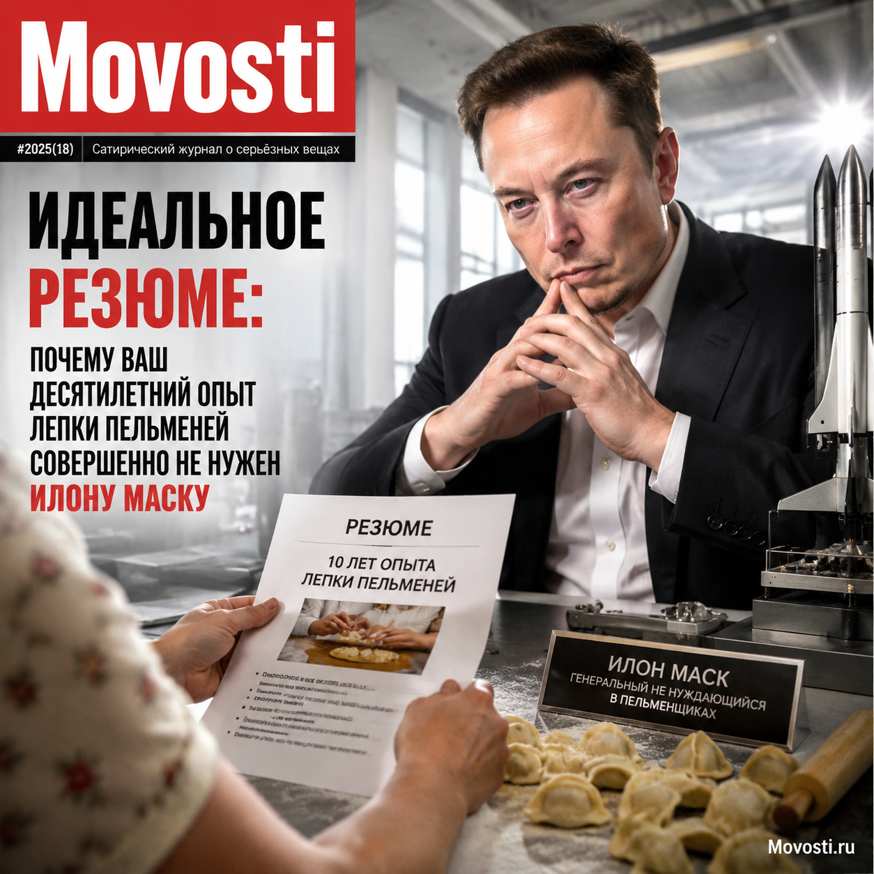 Илона Маска рассматривает резюме с неуместным опытом лепки пельменей.