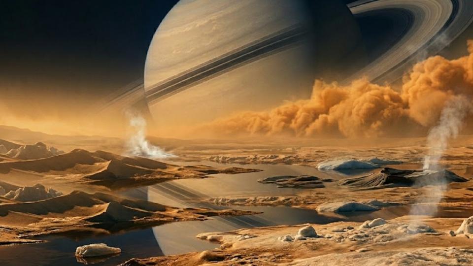 Изображение, иллюстрирующее условия на Титане, включая метановые озера и холодную атмосферу.
