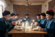 Изображение саммита в Бишкеке с участниками за чаепитием и шахматной доской