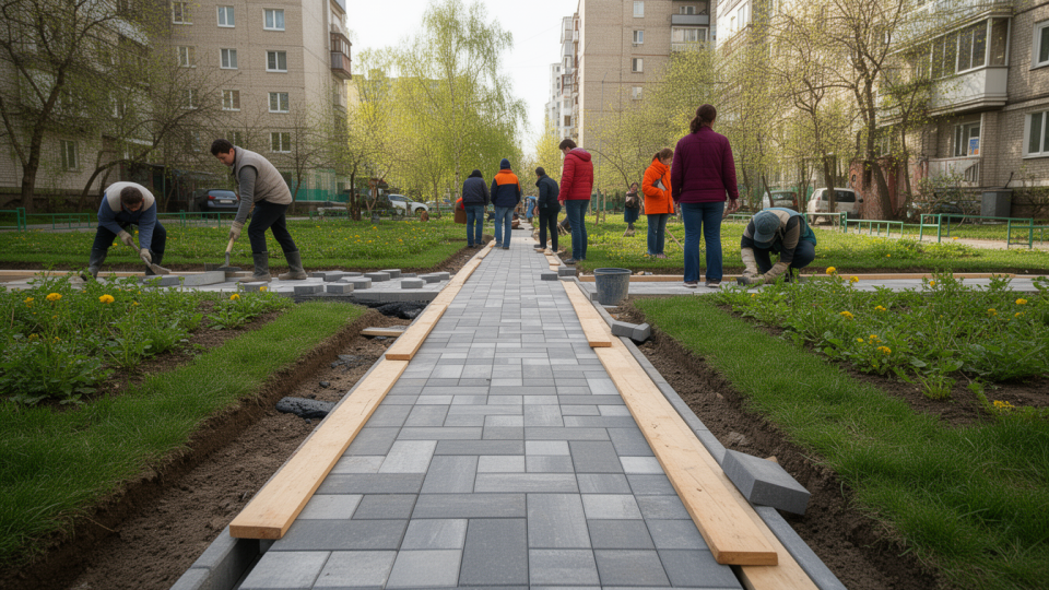 Укладка тротуарной плитки в парке