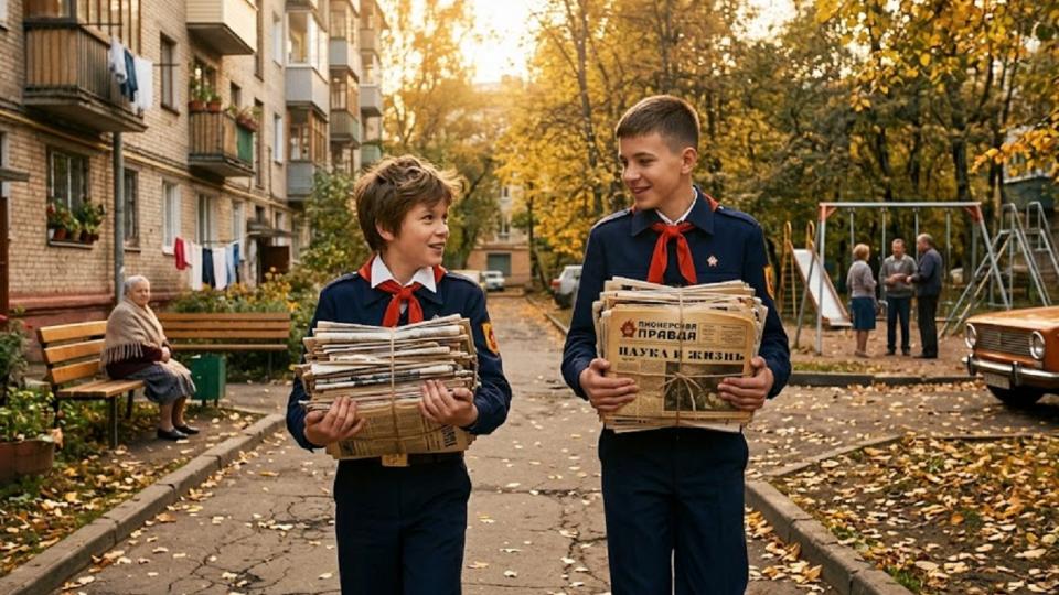 Пионеры несут макулатуру