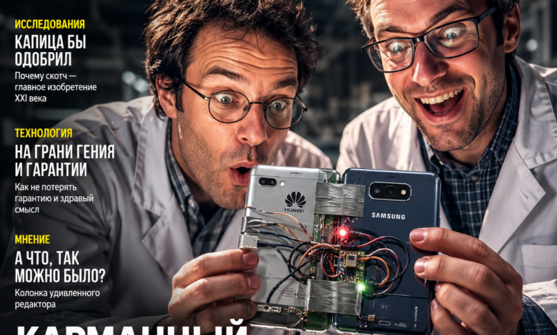 Изображение карманного суперкомпьютера, созданного на основе старого Huawei и флагманского Samsung.