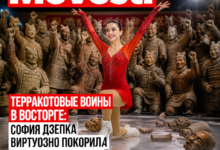 София Дзепка на льду в окружении терракотовых воинов в древнем Сиане