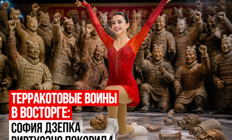 София Дзепка на льду в окружении терракотовых воинов в древнем Сиане