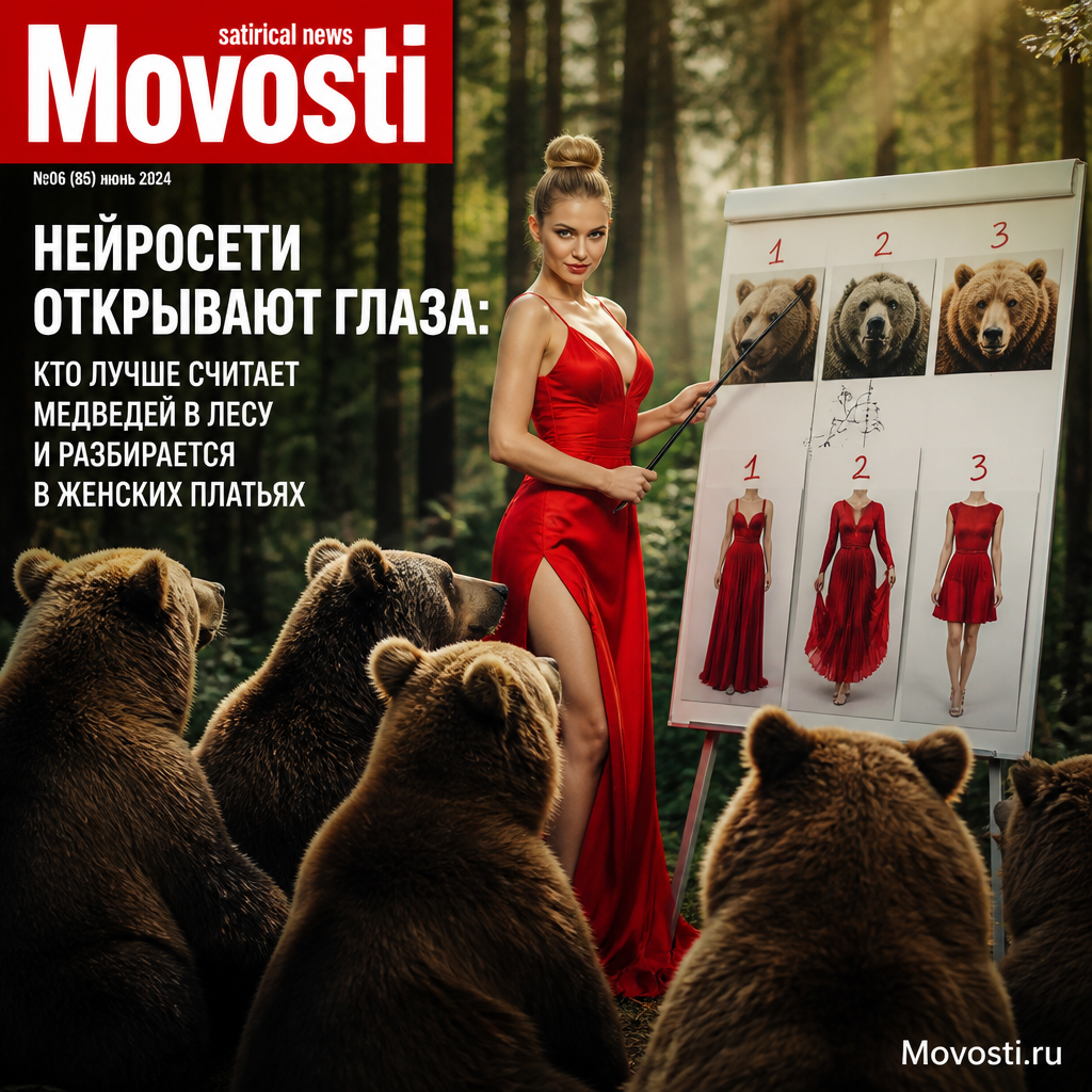 Иллюстрация нейросети, анализирующей медведей в лесу и женские платья.
