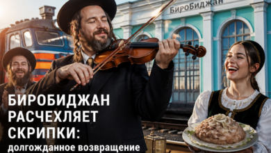Скрипка на фоне весёлого праздника в Биробиджане