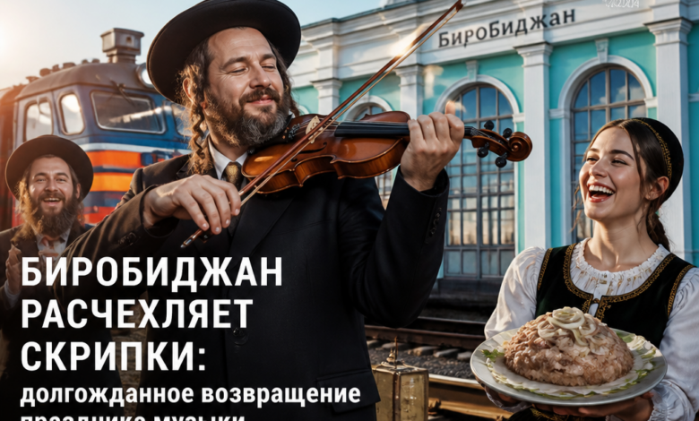 Скрипка на фоне весёлого праздника в Биробиджане