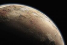 An artistic representation of Pluto showcasing its icy surface and heart-shaped feature.