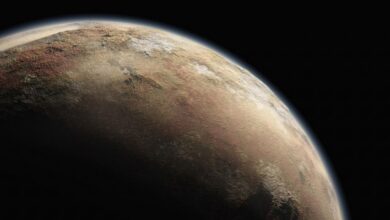 An artistic representation of Pluto showcasing its icy surface and heart-shaped feature.