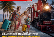 Южане в зимней обстановке, заменяющие пальмы снежными сугробами, с поездами и Дедом Морозом