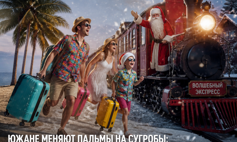 Южане в зимней обстановке, заменяющие пальмы снежными сугробами, с поездами и Дедом Морозом