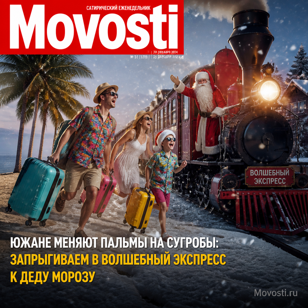 Южане в зимней обстановке, заменяющие пальмы снежными сугробами, с поездами и Дедом Морозом