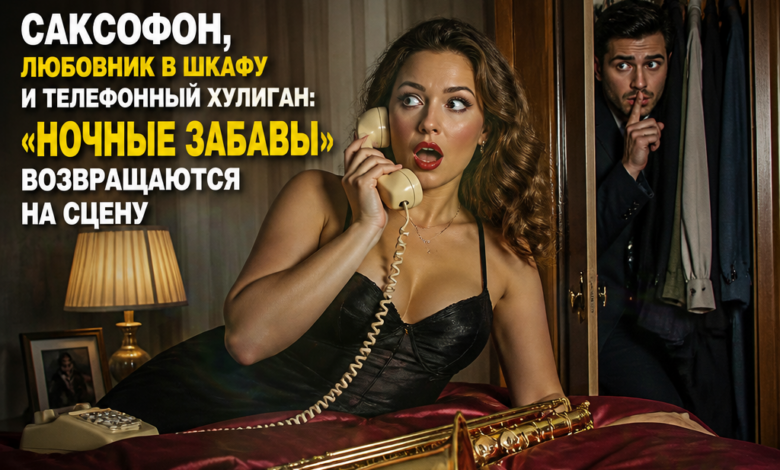 Изображение, иллюстрирующее сцену из спектакля 'Ночные забавы' с саксофоном, любовником в шкафу и телефонным хулиганом.