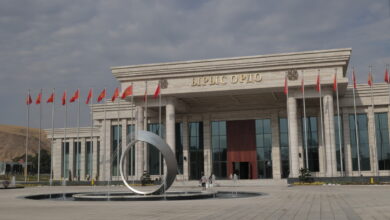 Изображение, отражающее разнообразие культуры и природы Кыргызстана, включая дипломатию, соколиную охоту и тайганов.
