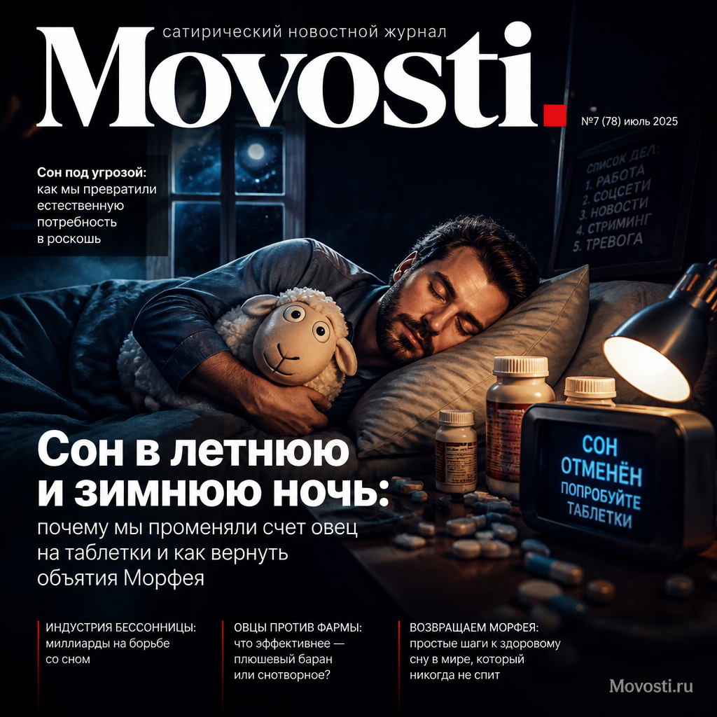 Иллюстрация, изображающая человека, который пытается заснуть, окруженного таблетками и овцами, символизирующими старые способы борьбы с бессонницей.