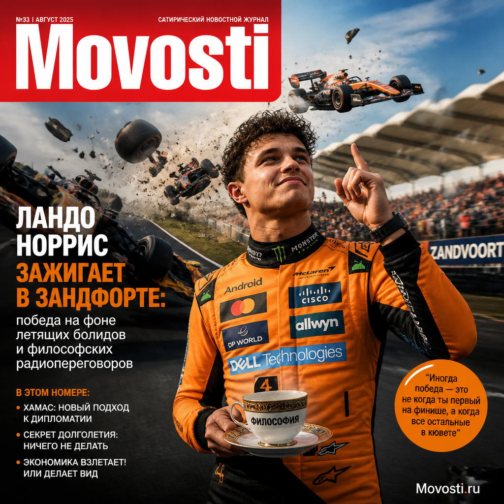 Ландо Норрис на подиуме с трофеем на фоне летящих болидов