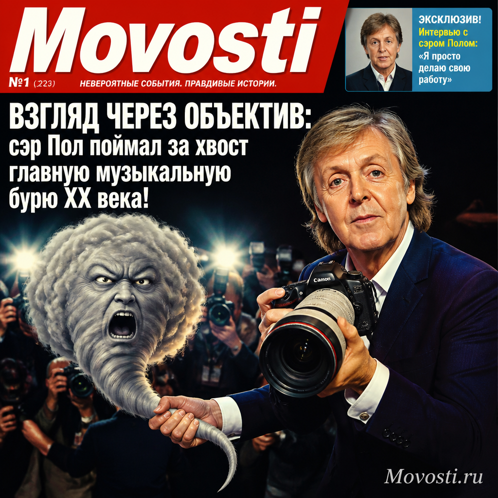 Сэр Пол Маккартни с гитарой, запечатленный в моменте музыкального вдохновения