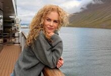 Николь Кидман с кудрявыми волосами на фоне исландских пейзажей