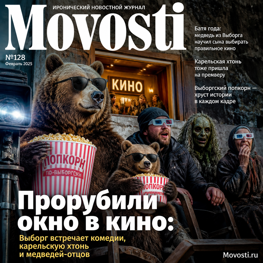Постер фильма, изображающий комедийные сцены и элементы карельской культуры